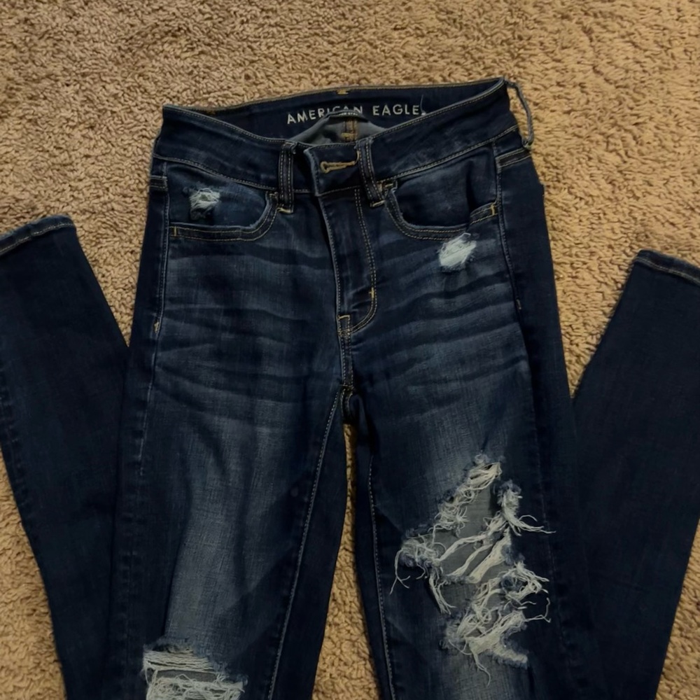 American Eagle Blue Jeggings Distressed Tapered Fit